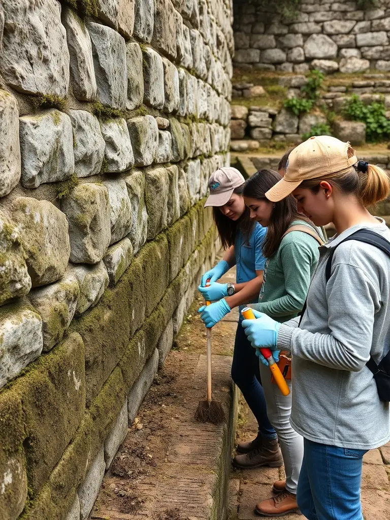 A photograph capturing volunteers cleaning and restoring an old stone wall at a historical site managed by LES ALLUCHONS, showcasing their commitment to preserving physical heritage.