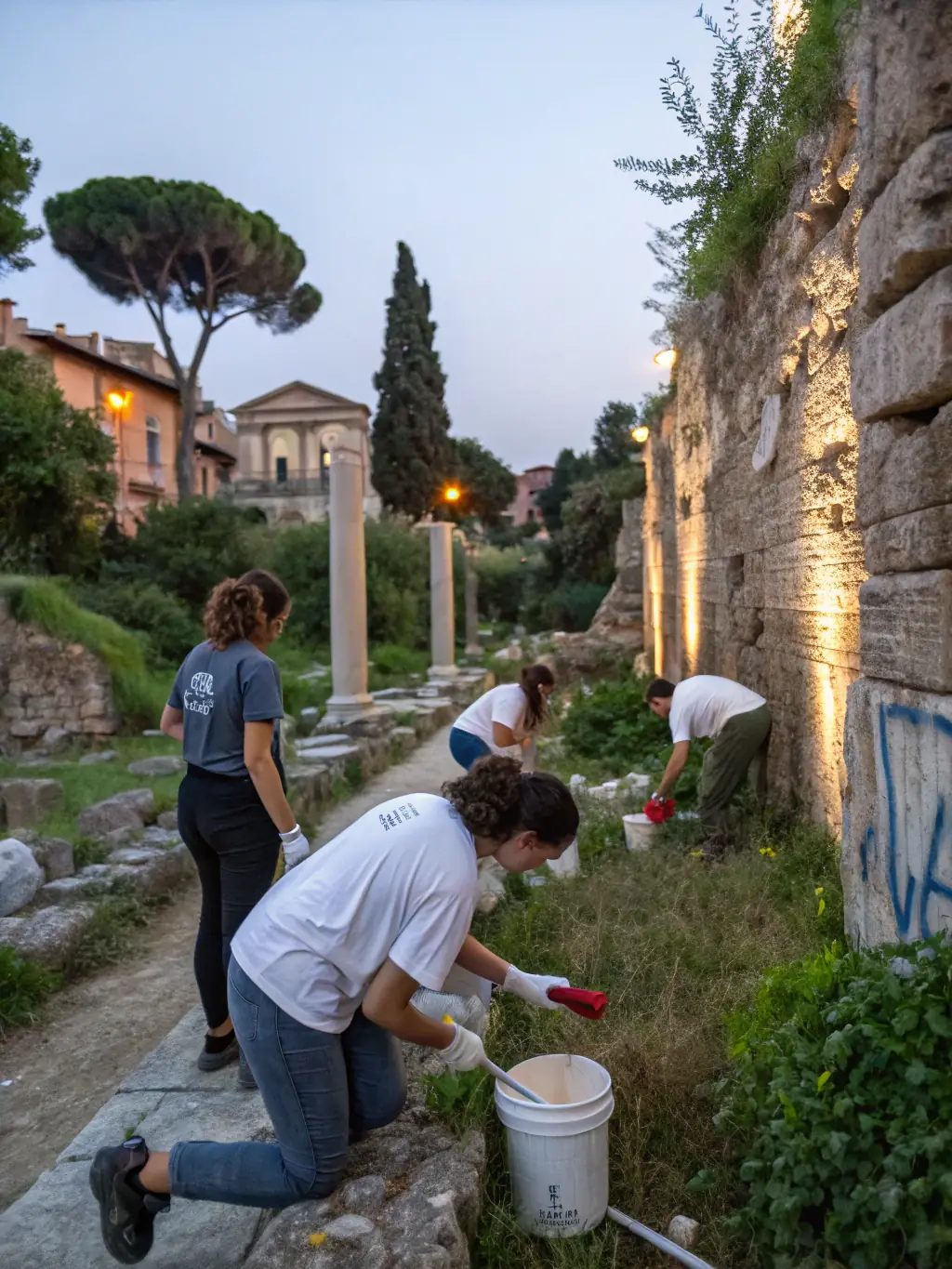 A photograph capturing a group of volunteers meticulously restoring an ancient stone wall at a historical site managed by LES ALLUCHONS, showcasing their dedication to preserving cultural heritage.
