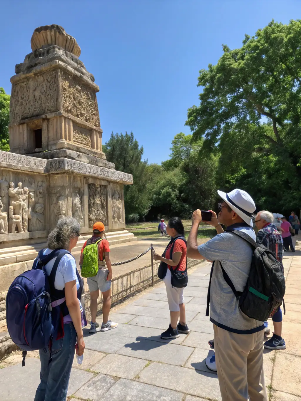 A photo of a guided tour led by a LES ALLUCHONS expert at a local historical site, emphasizing the importance of cultural education and awareness.